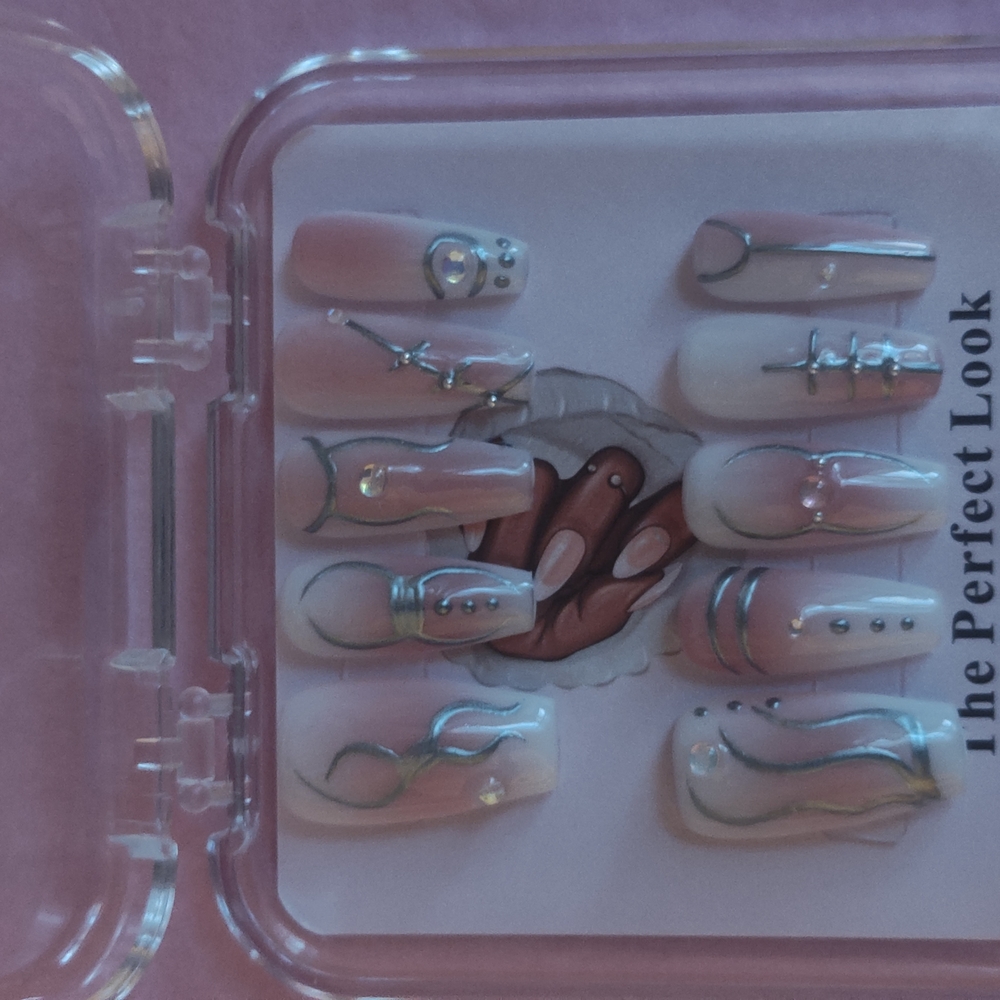 Pink and White Nail Set with Silver Accents